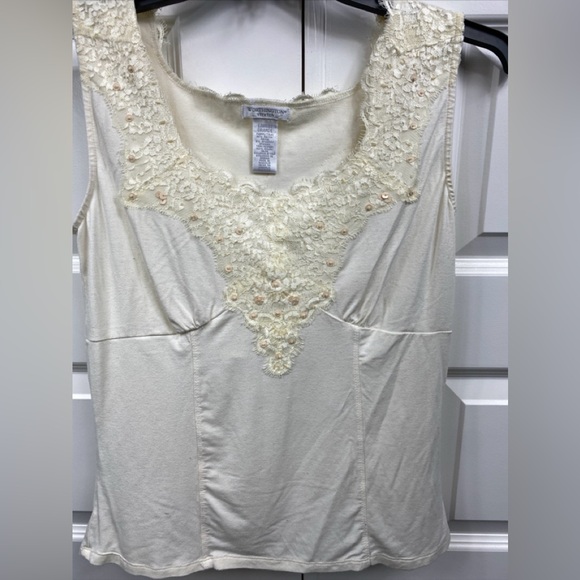 Lace Sequin Tank Top Worthington Stretch Overlay Sleeveless IVORY Large Y2K LG - Picture 1 of 7